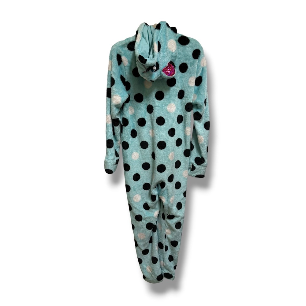 Justice Girls Blue Polka Dot Cat Hood Plush Fleece‎ One Piece Pajamas Size 8
